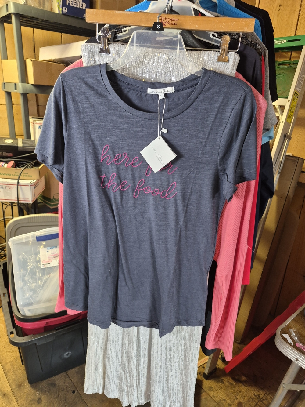 Women's Navy Short-Sleeve Tee - 'Here for the Food' Pink Script Bin 53